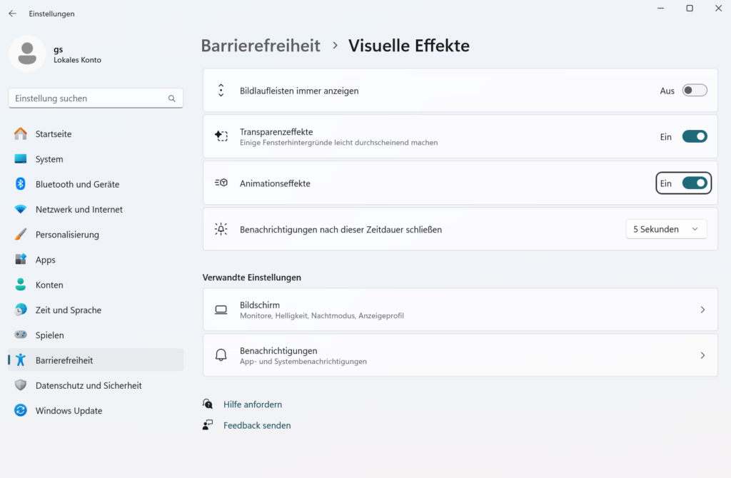 Screenshot Windows von den Einstellungen zu "Barrierefreiheit - Visuelle Effekte"