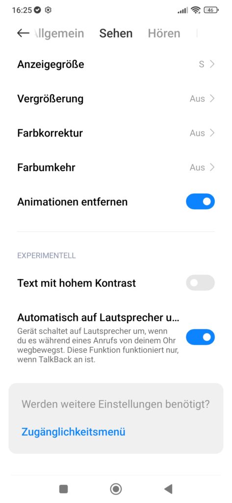 Screenshot vom Xaomi Smartphone Android 12 von den Einstellungen zu "Sehen"